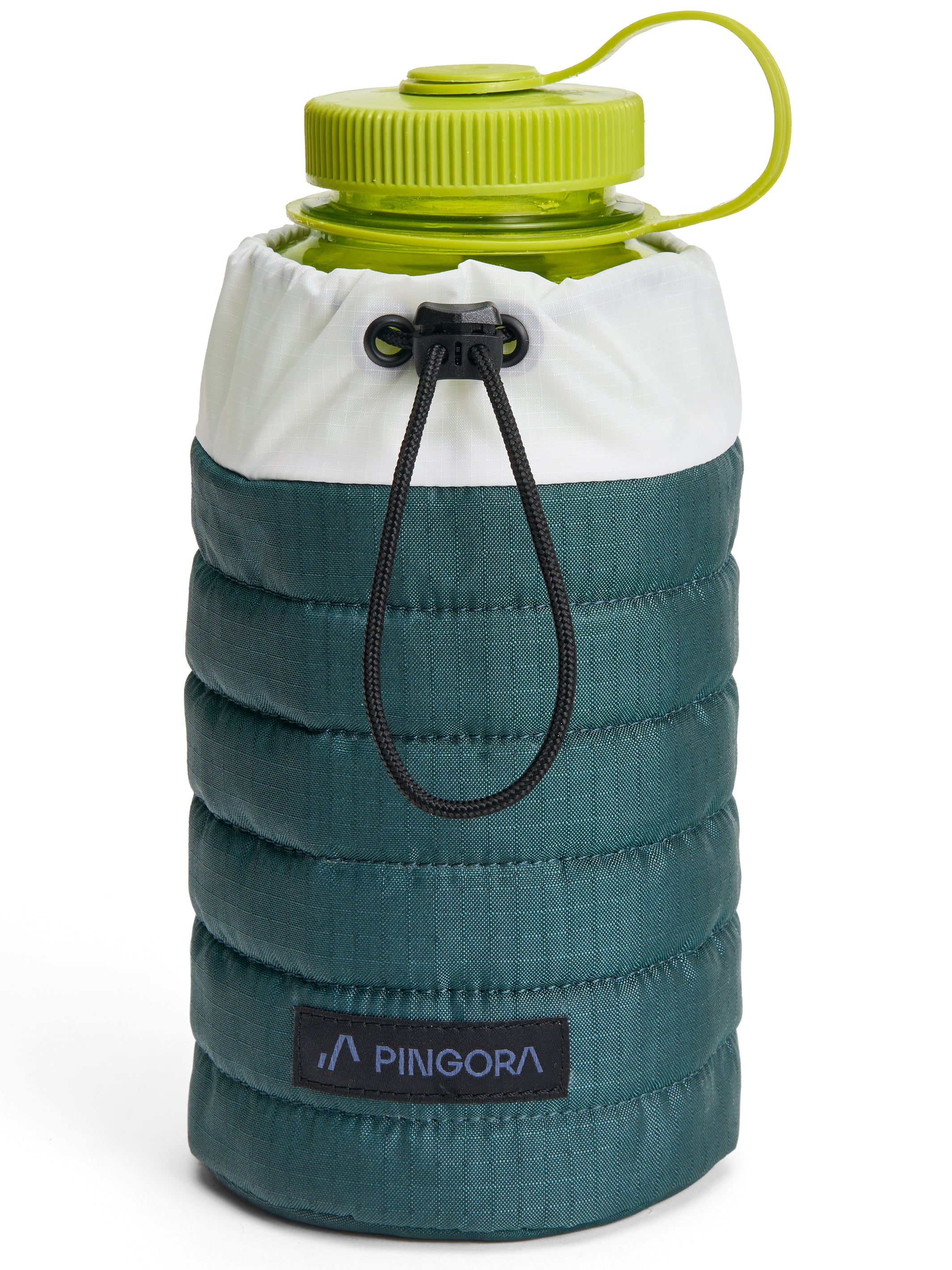 A green and white Pingora puffy bottle holder showing a polycarbonate bottle inside the holder