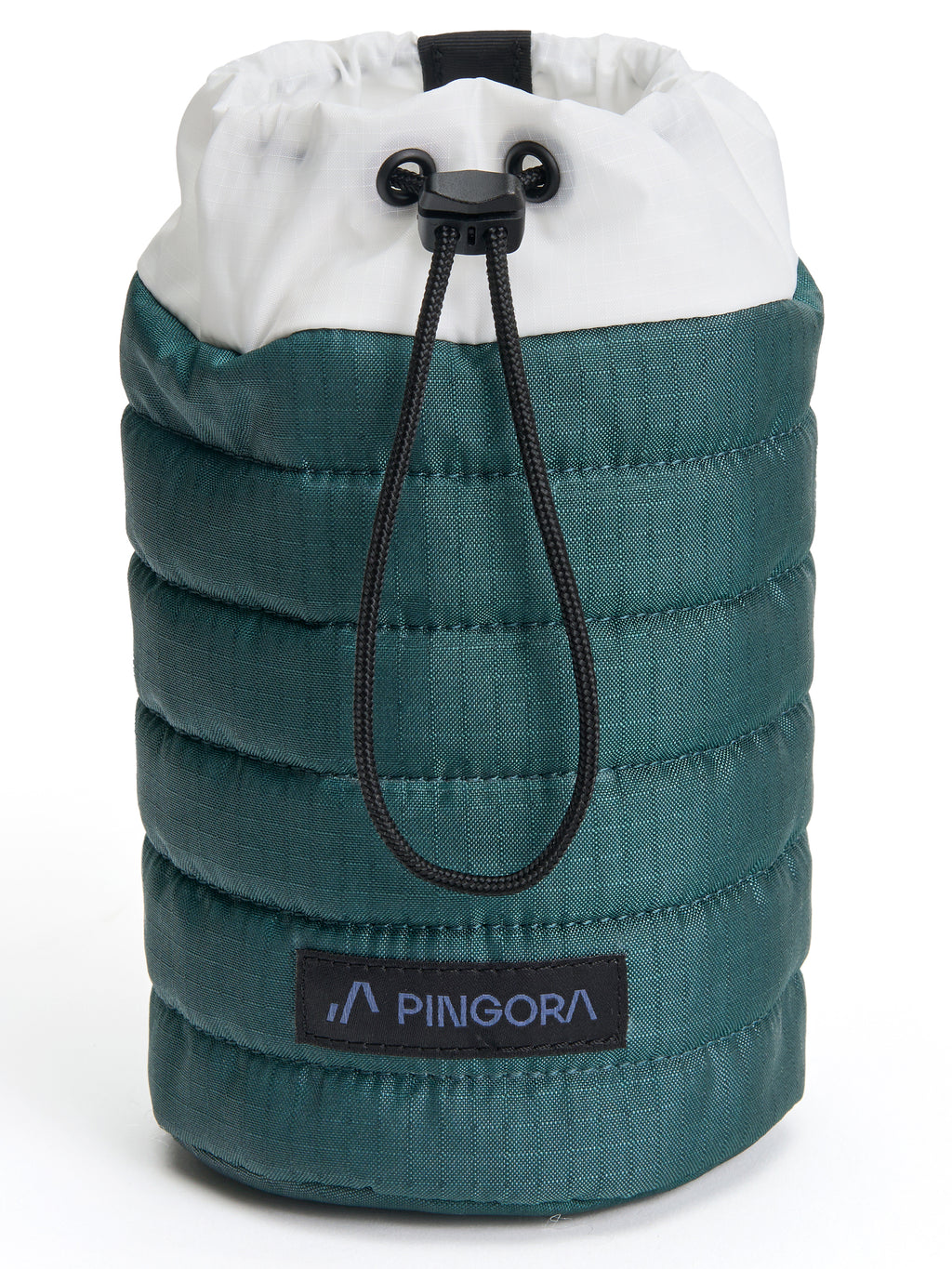A green and white puffy bottle holder with a black drawstring and the brand name 'Pingora' written on the side.