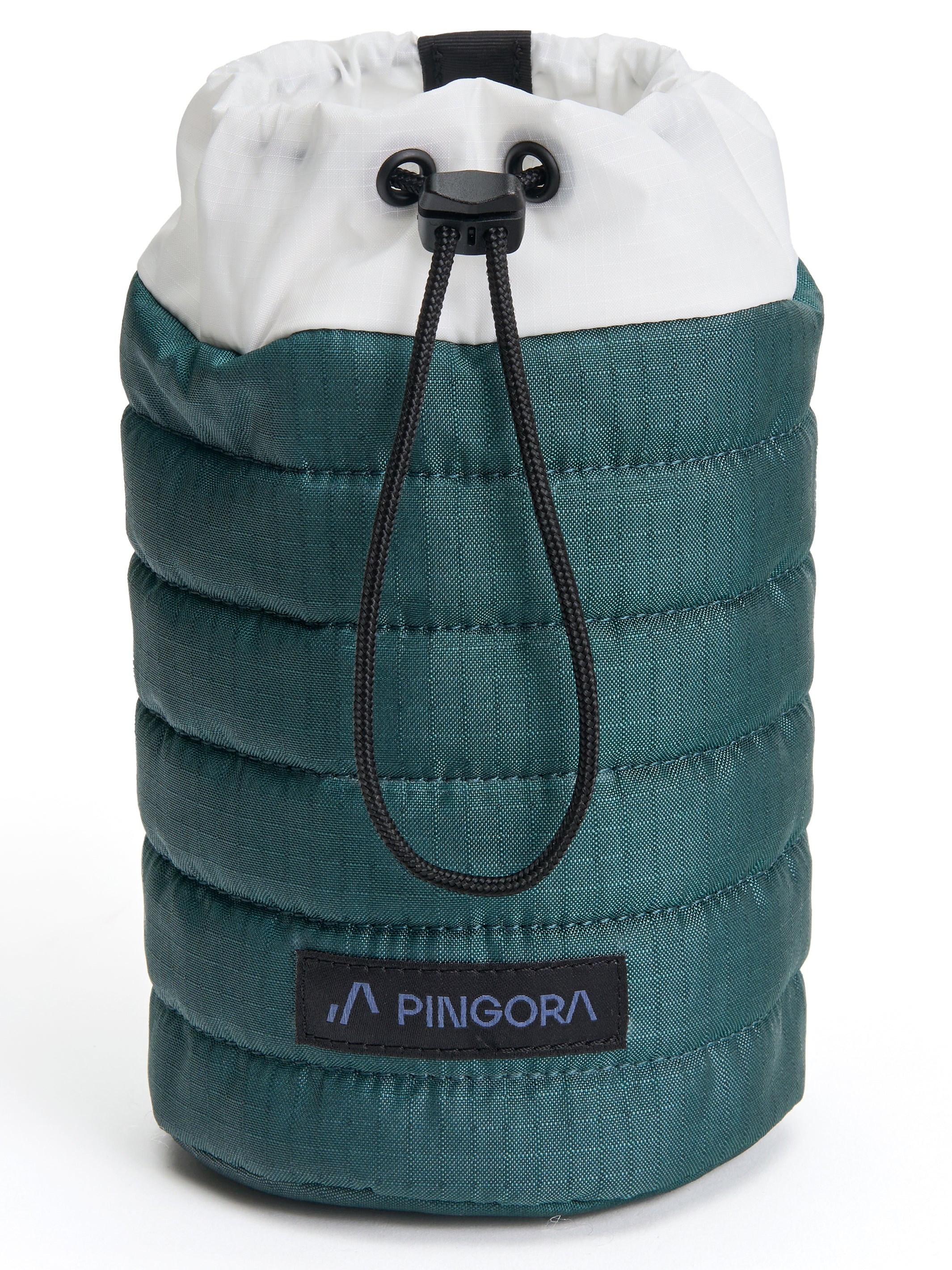 A green and white puffy bottle holder with a black drawstring and the brand name 'Pingora' written on the side.