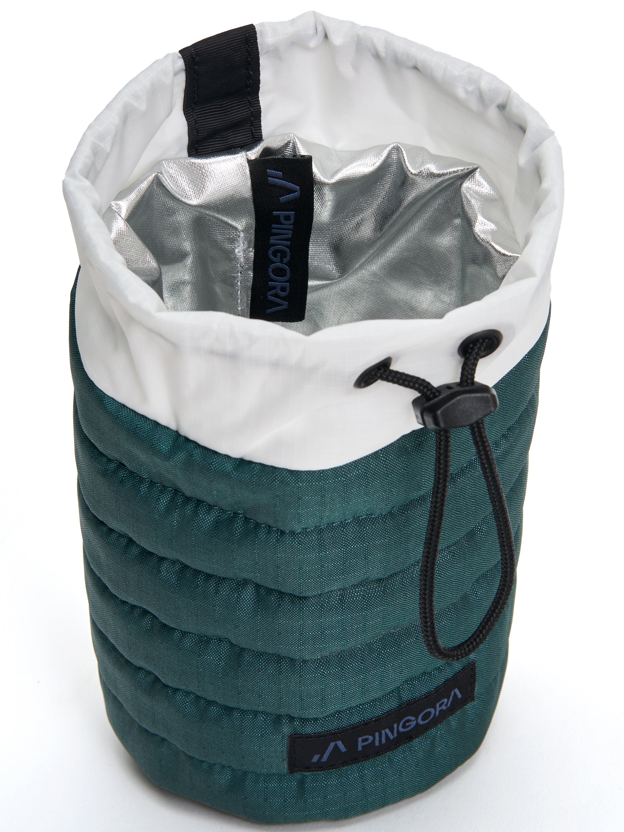 A Pingora green and white puffy bottle holder showing the insulated lining