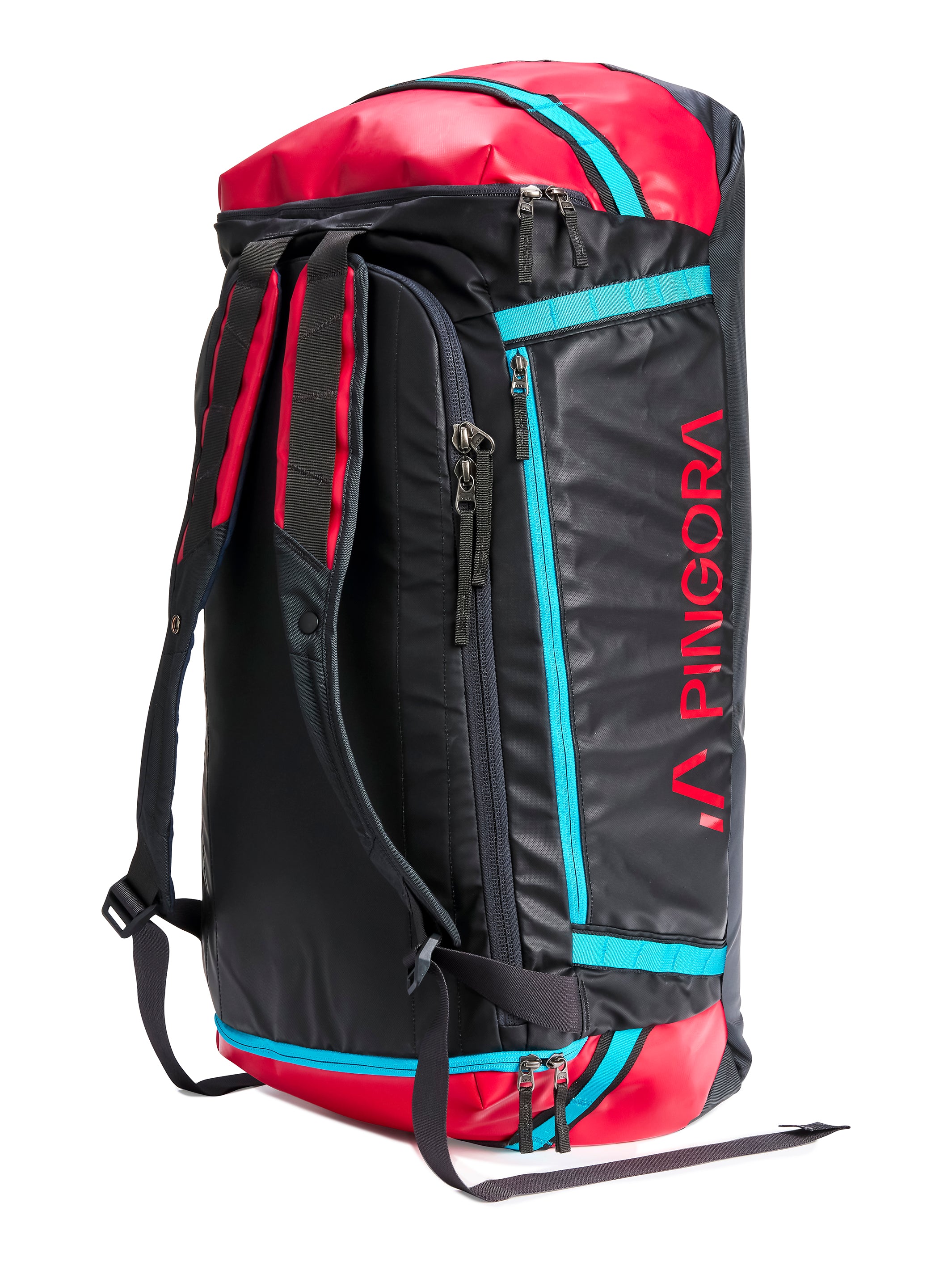 Pingora Radia travel duffel in red and black color back view showing harness straps.