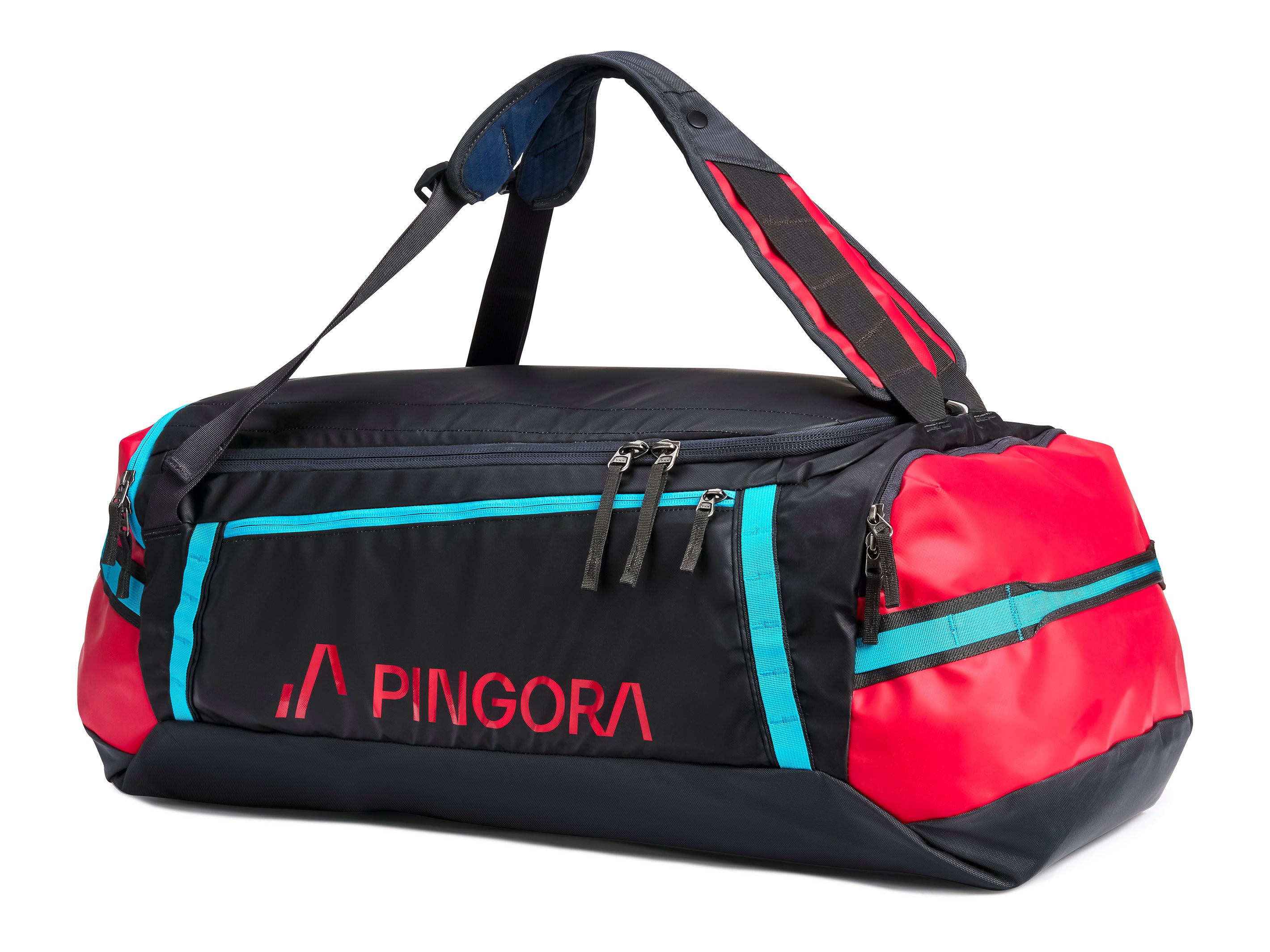 Pingora Radia travel duffel in red and black color 3/4 view