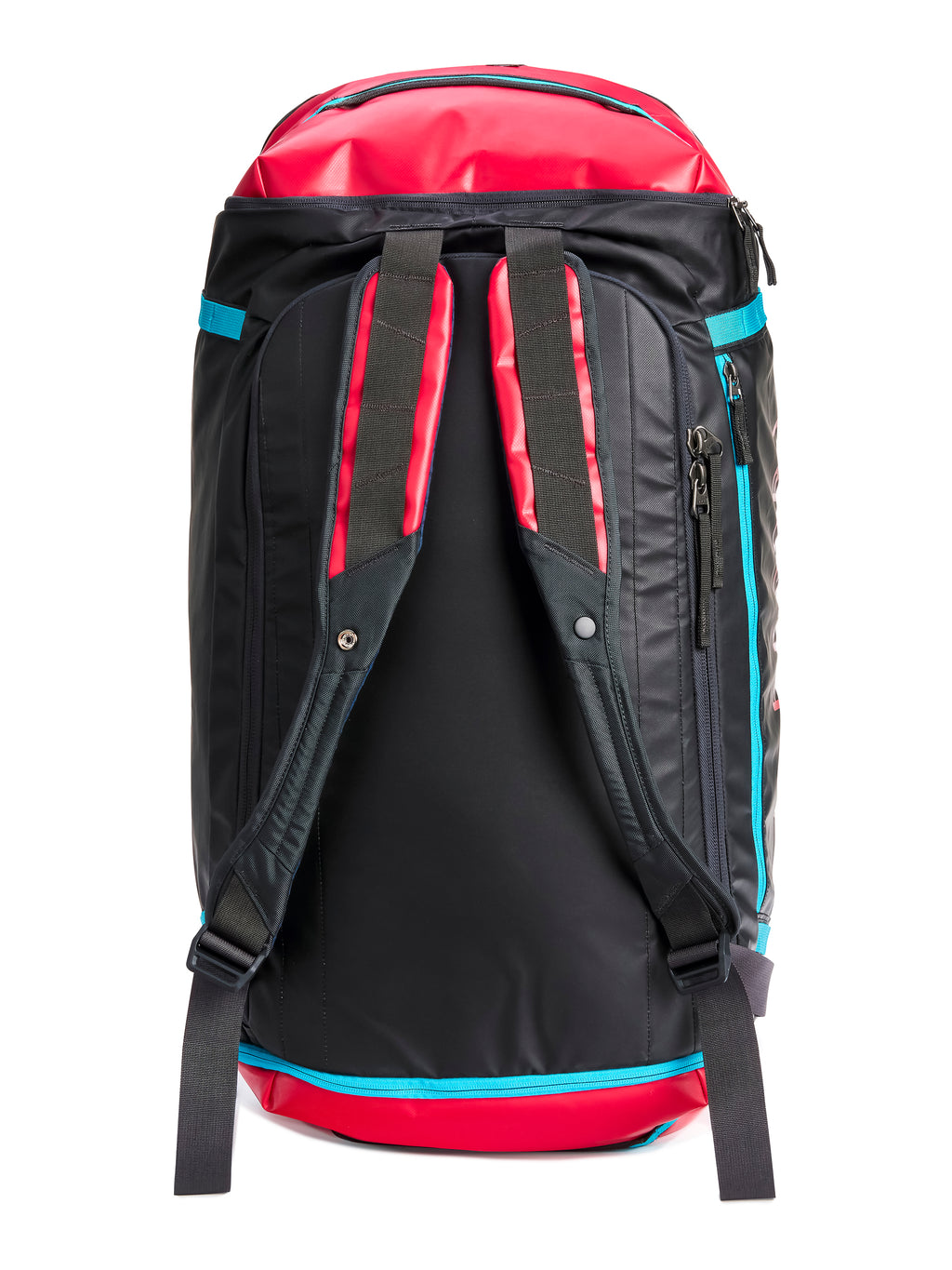 Pingora Radia travel duffel in red and black back view showing harness straps