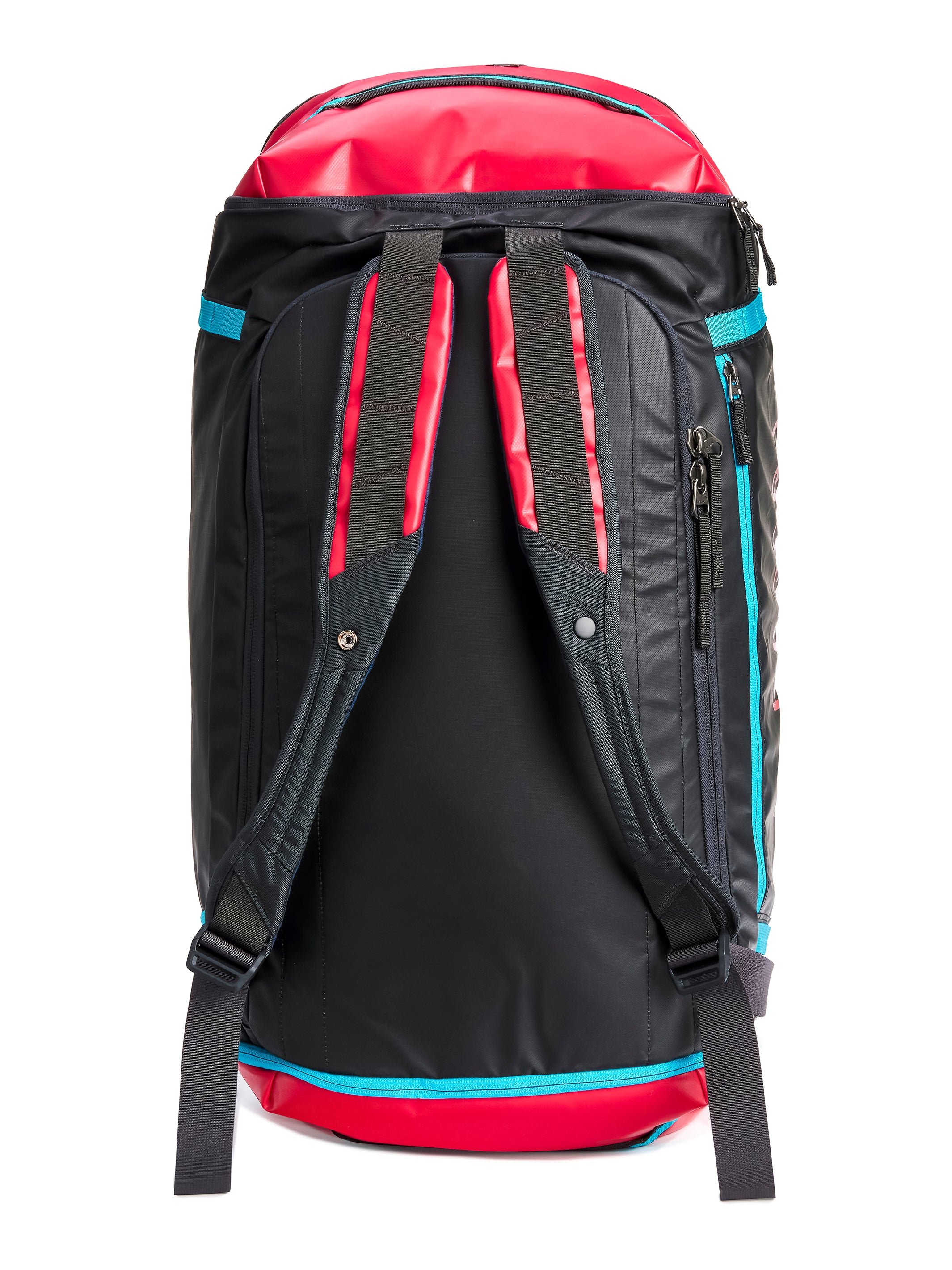Pingora Radia travel duffel in red and black back view showing harness straps