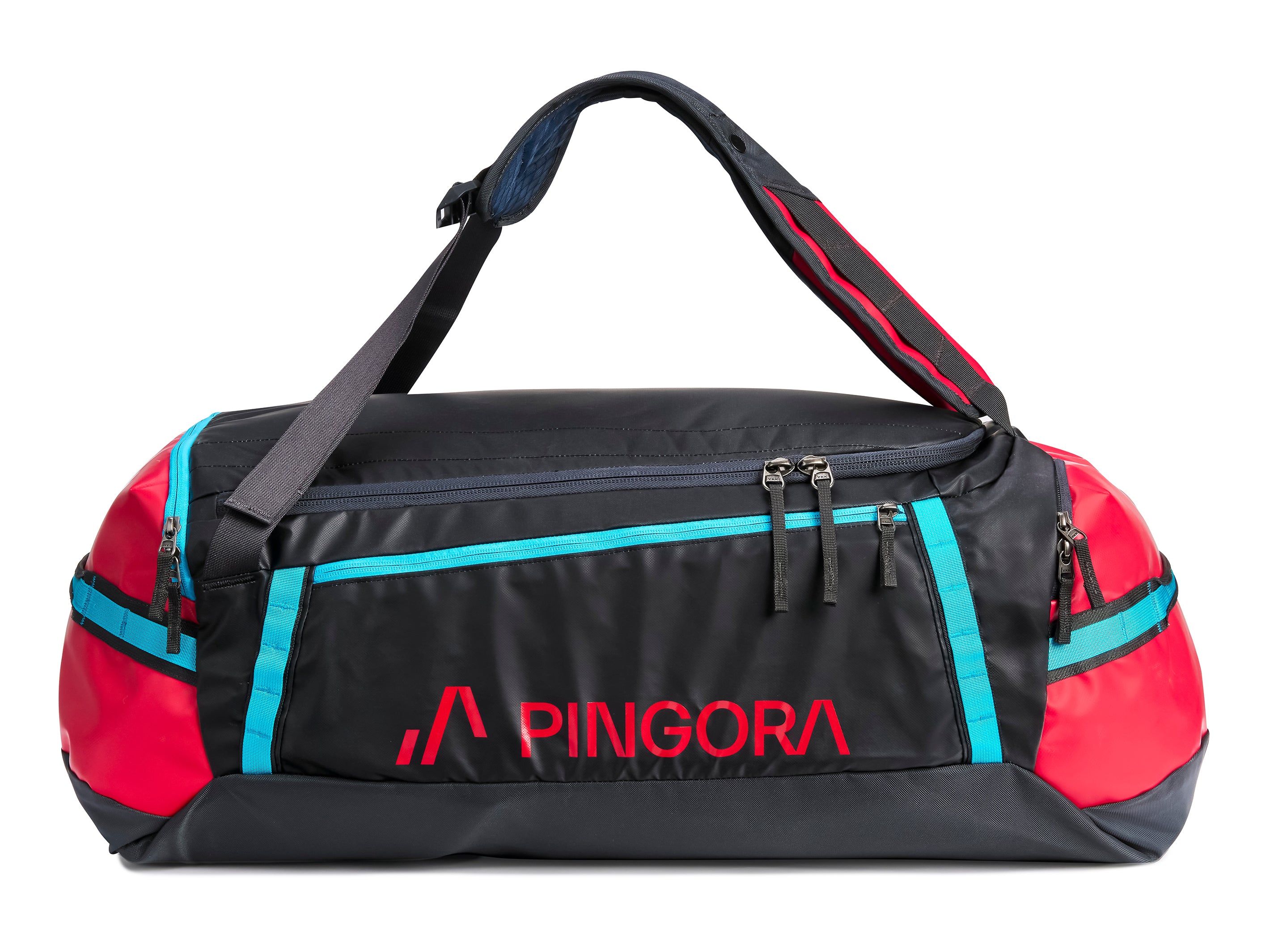 A black, red, and blue duffel bag with the brand name 'PINGORA' written on the side.