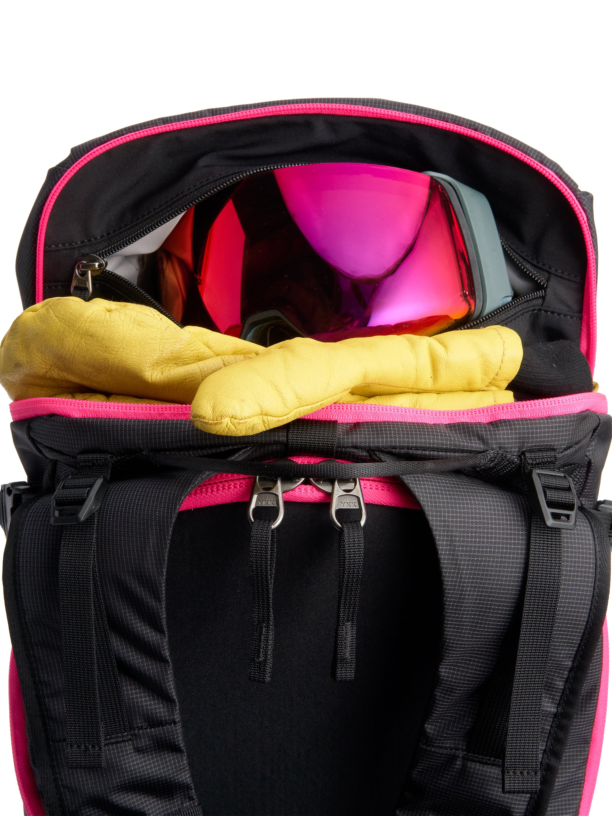 Pingora Vivid 27 liter backcountry ski and split board pack showing top zipper access