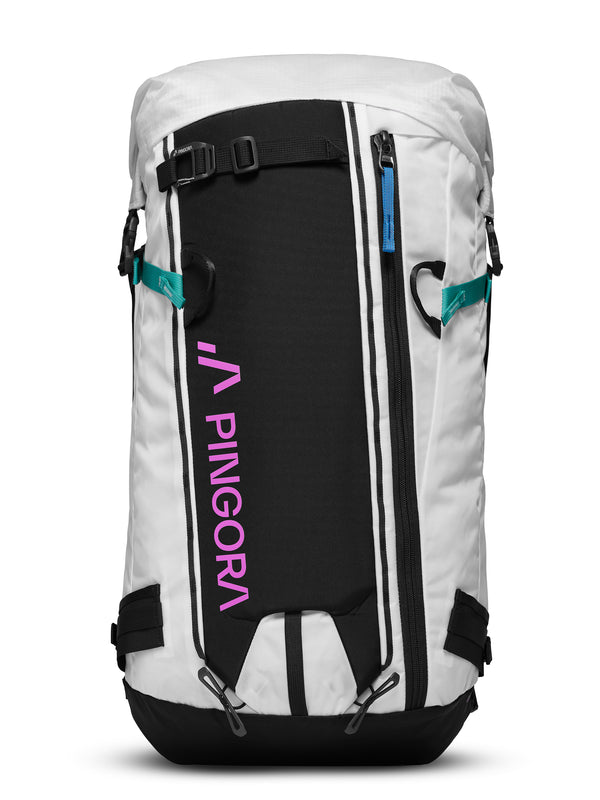 White and black backpack with teal accents and 'PINGORA' branding on a white background