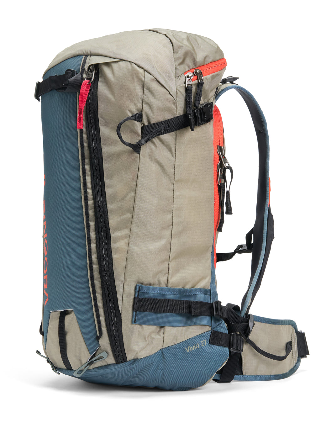 A gray and blue backcountry ski pack with orange straps and a zipper, designed for avalanche tool access and safety.