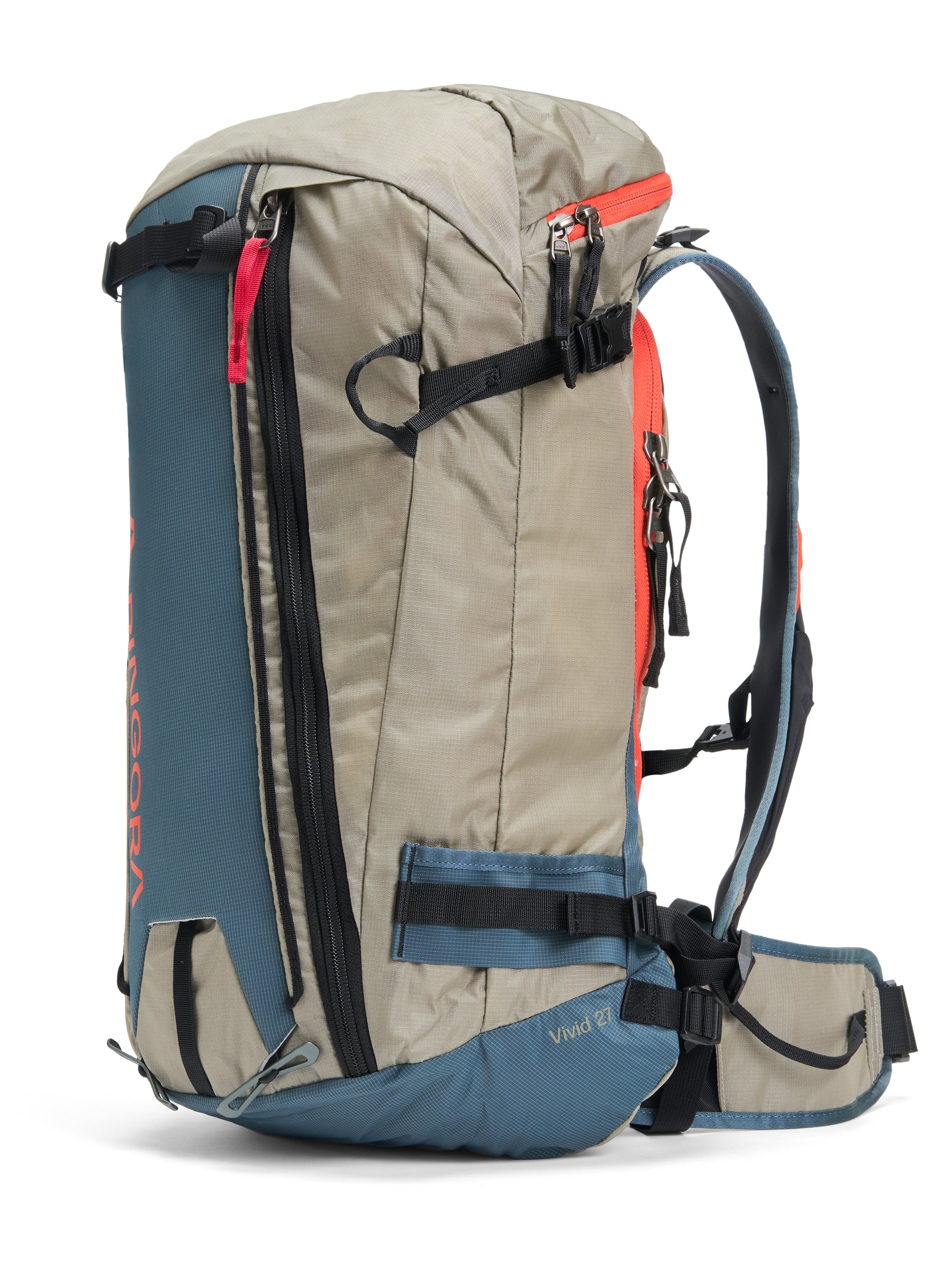 A gray and blue backcountry ski pack with orange straps and a zipper, designed for avalanche tool access and safety.