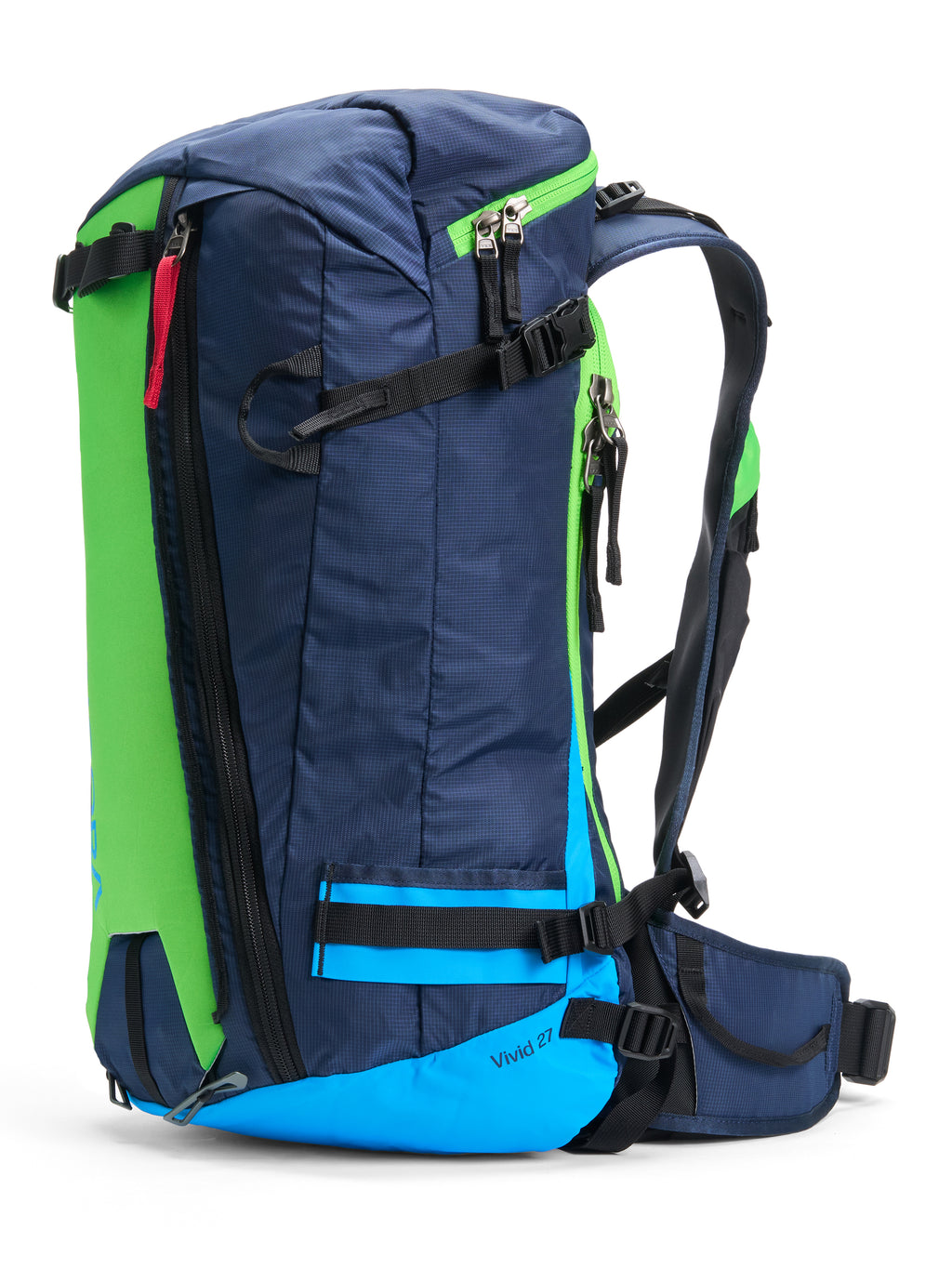 Pingora Vivid 27 liter backcountry ski and split board pack side view in green and blue color