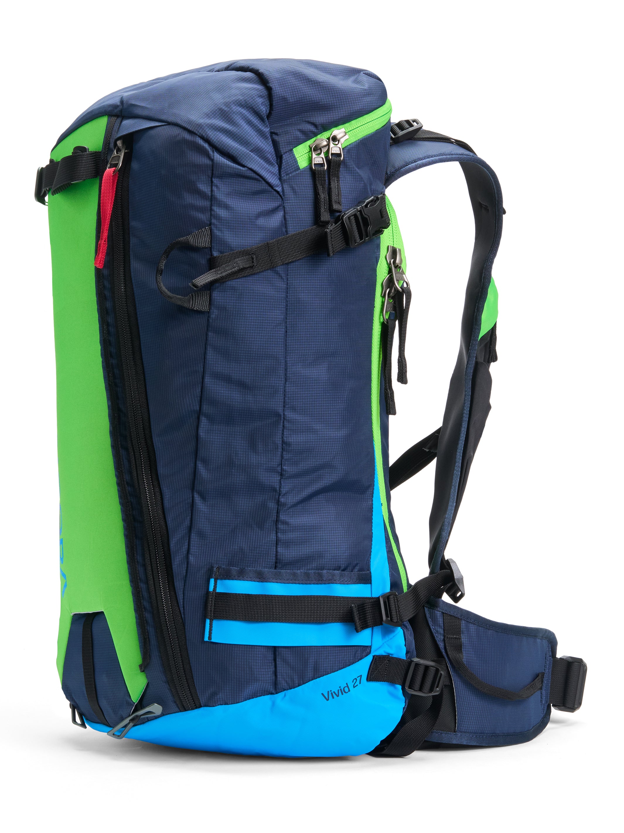 Pingora Vivid 27 liter backcountry ski and split board pack side view in green and blue color