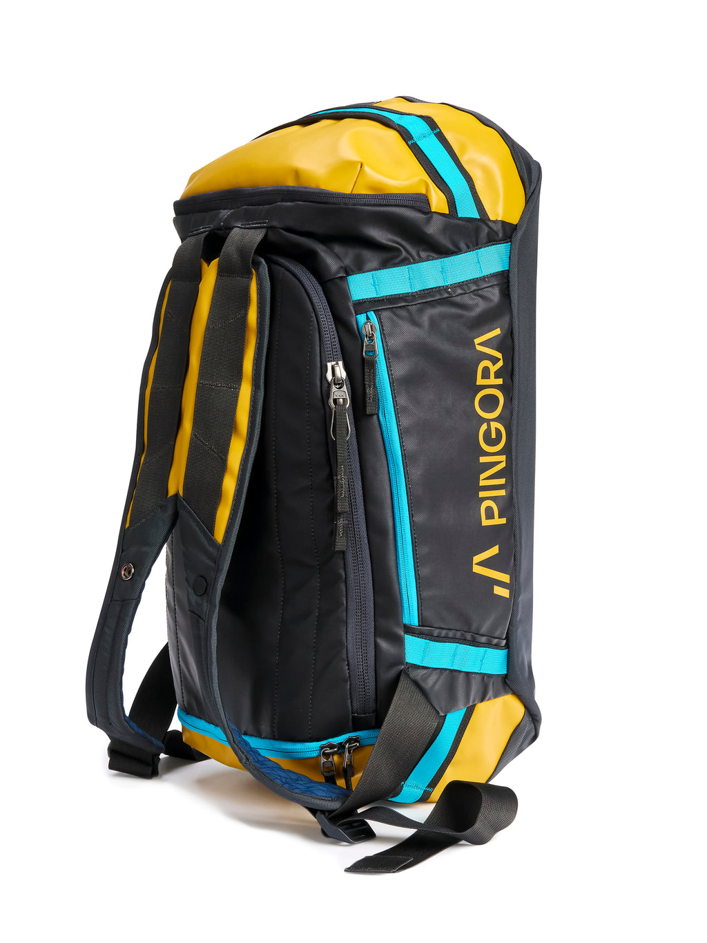 Pingora Radia travel duffel in yellow and black back view showing harness straps and u-zipper opening