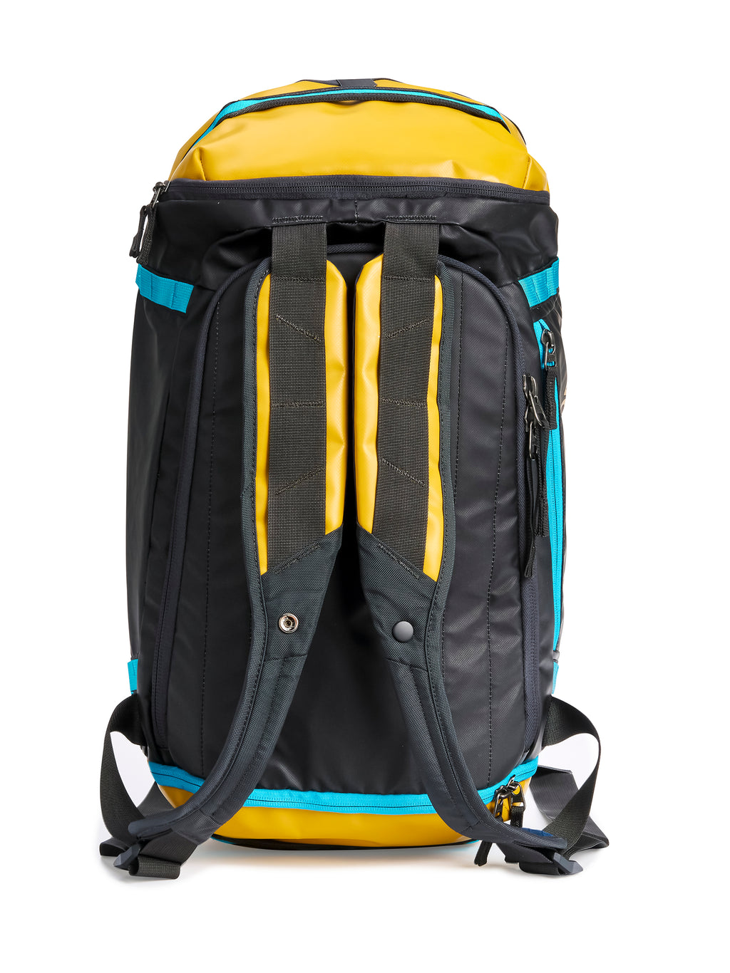 Pingora Radia travel duffel in yellow and black back view showing harness straps and u-zipper opening