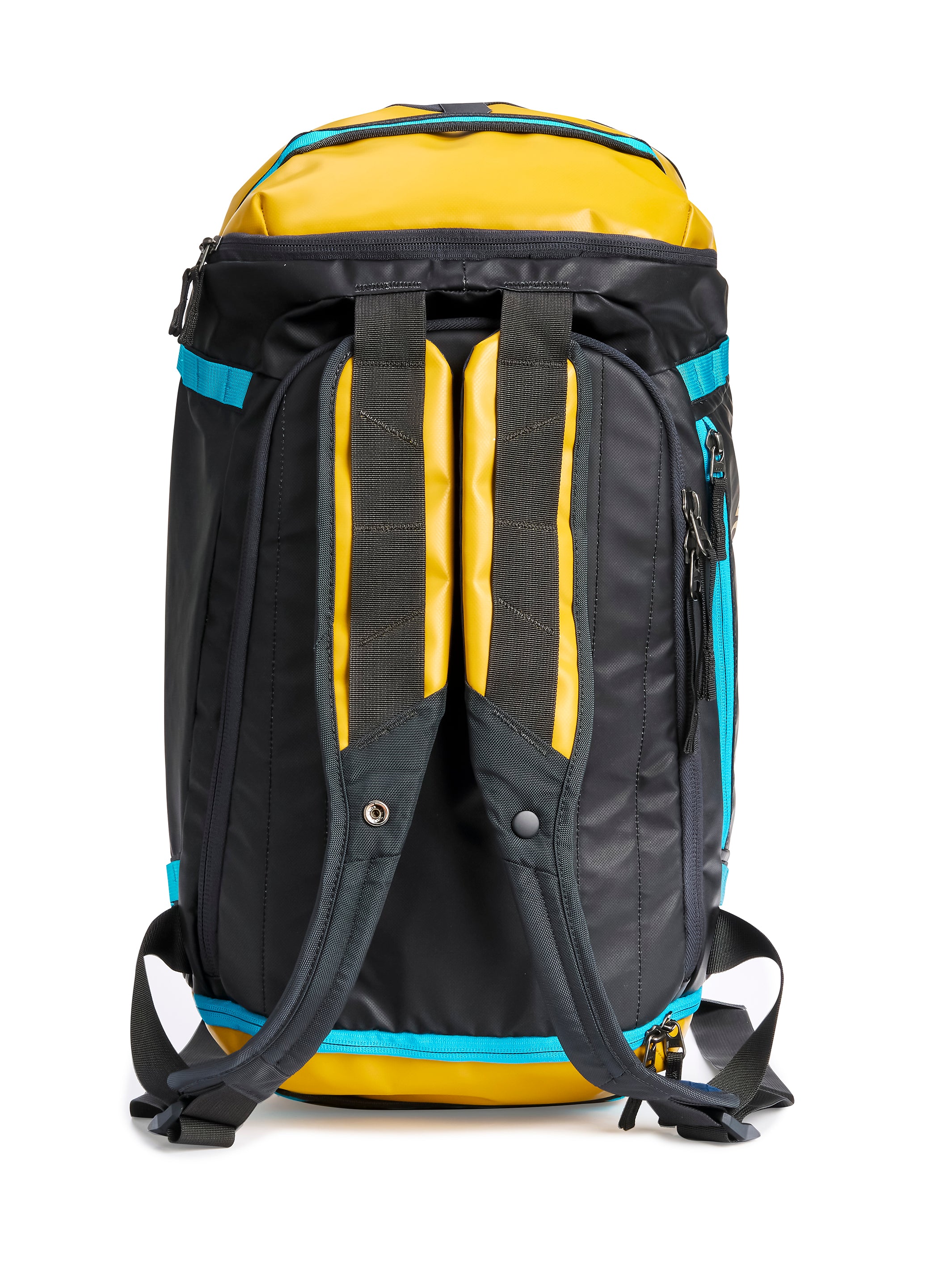 Pingora Radia travel duffel in yellow and black back view showing harness straps and u-zipper opening