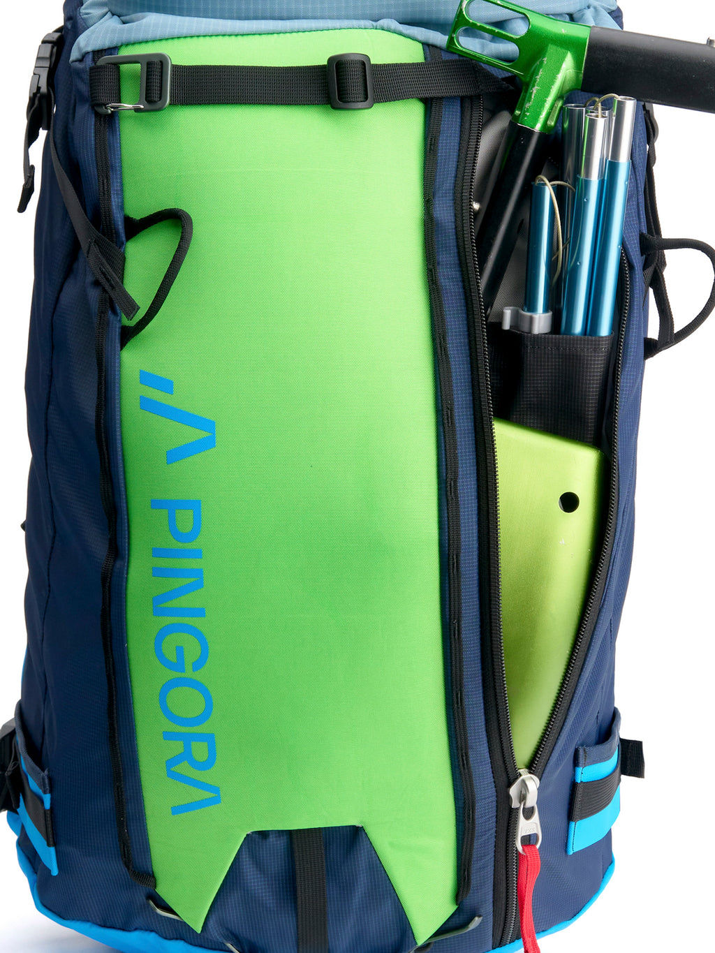 Pingora Vivid 27 liter backcountry ski and split board pack showing safety pocket