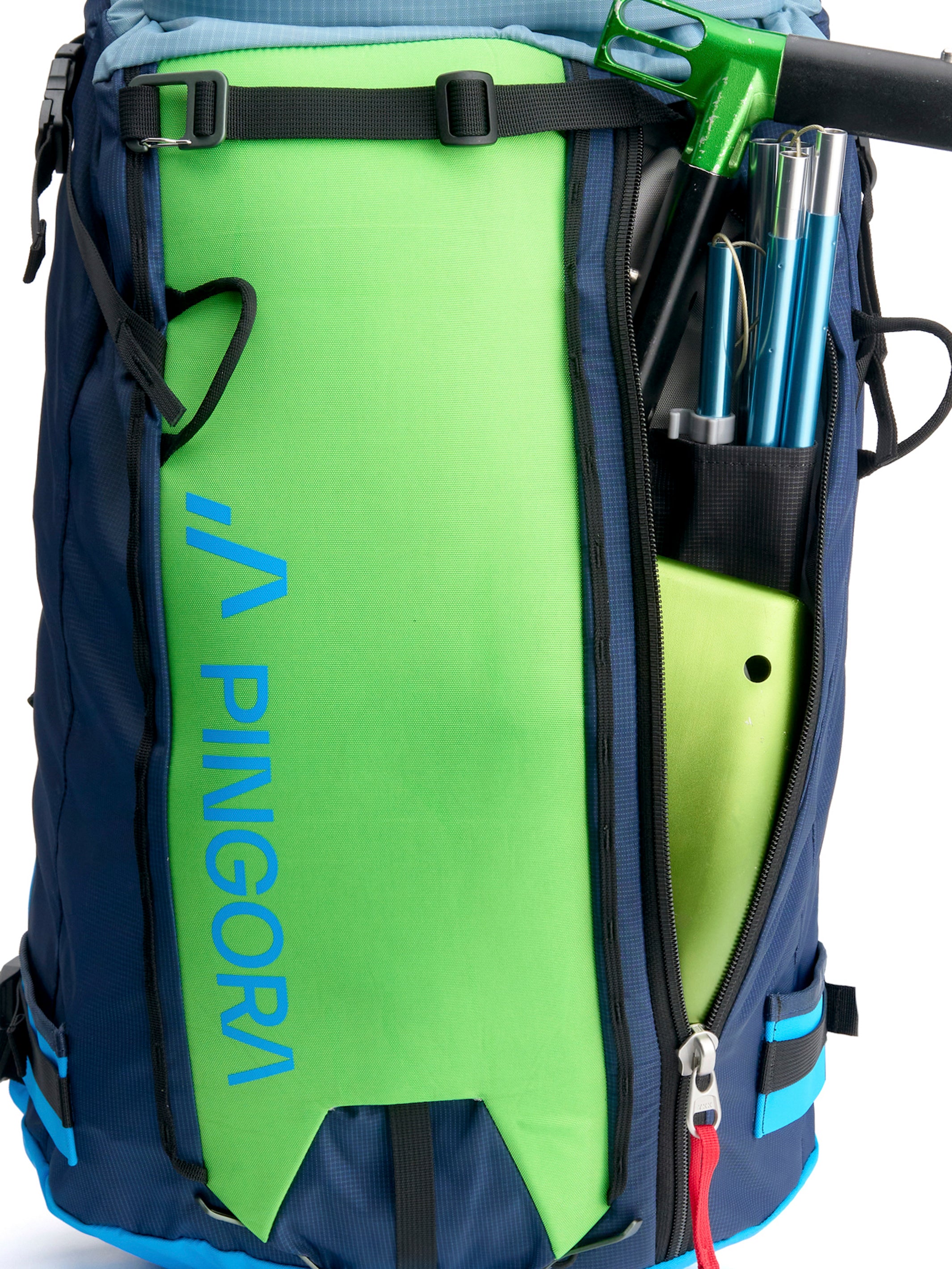 Pingora Vivid 27 liter backcountry ski and split board pack showing safety pocket