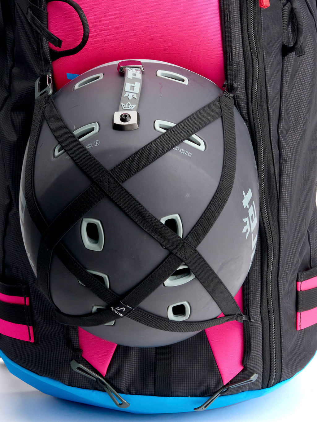 Pingora Vivid 27 liter backcountry ski and split board pack with helmet carry on the outside